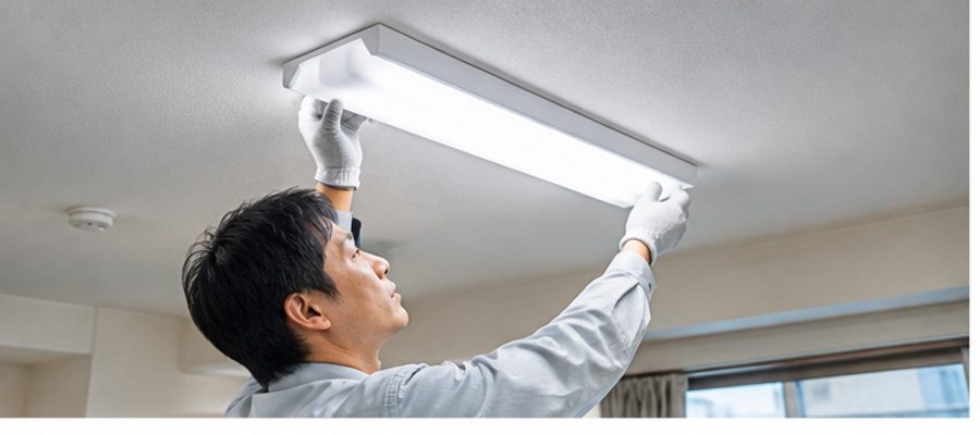 蛍光灯をLED照明に交換している様子